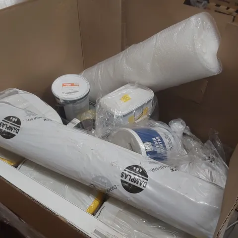 PALLET CONTAINING A VERY LARGE QUANTITY OF TOOLS AND ASSORTED EQUIPMENT INCLUDING: BUBBLE WRAP, LOFT INSULATION, TOUGH PATCH POTHOLE REPAIR, READY MIXED PLASTER, REPAIR MORTAR ECT