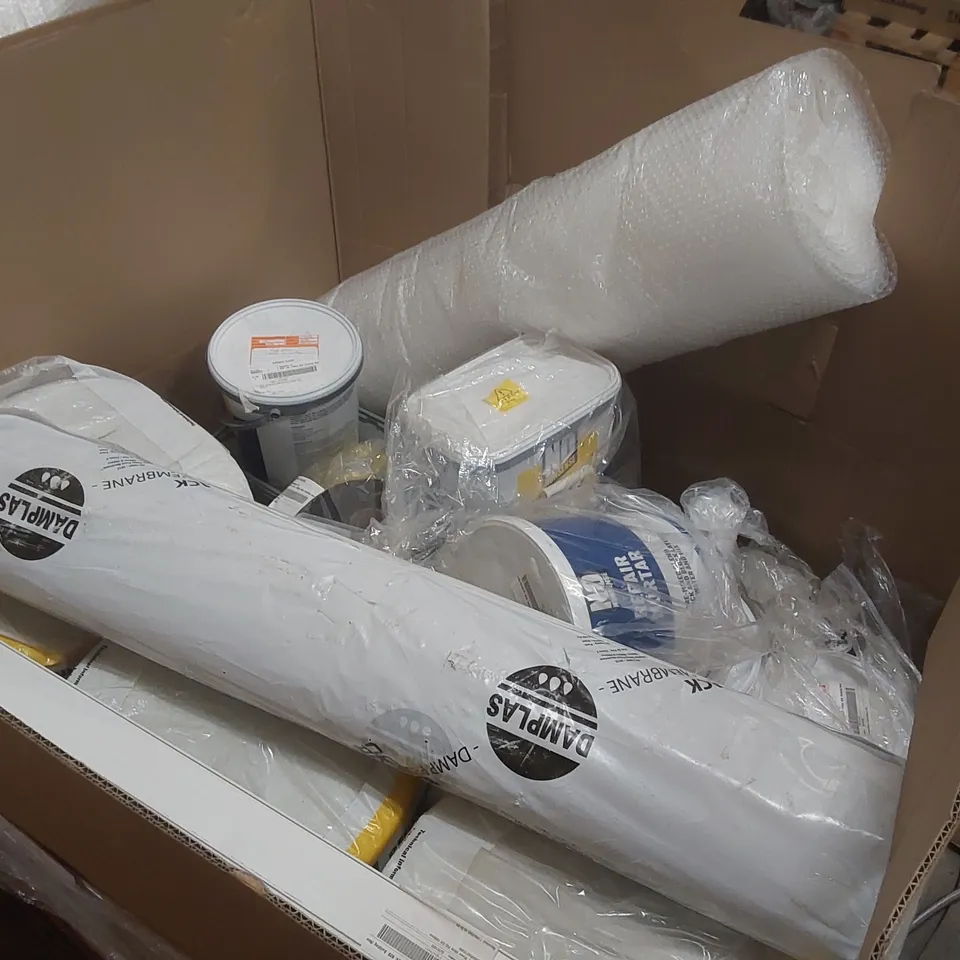PALLET CONTAINING A VERY LARGE QUANTITY OF TOOLS AND ASSORTED EQUIPMENT INCLUDING: BUBBLE WRAP, LOFT INSULATION, TOUGH PATCH POTHOLE REPAIR, READY MIXED PLASTER, REPAIR MORTAR ECT