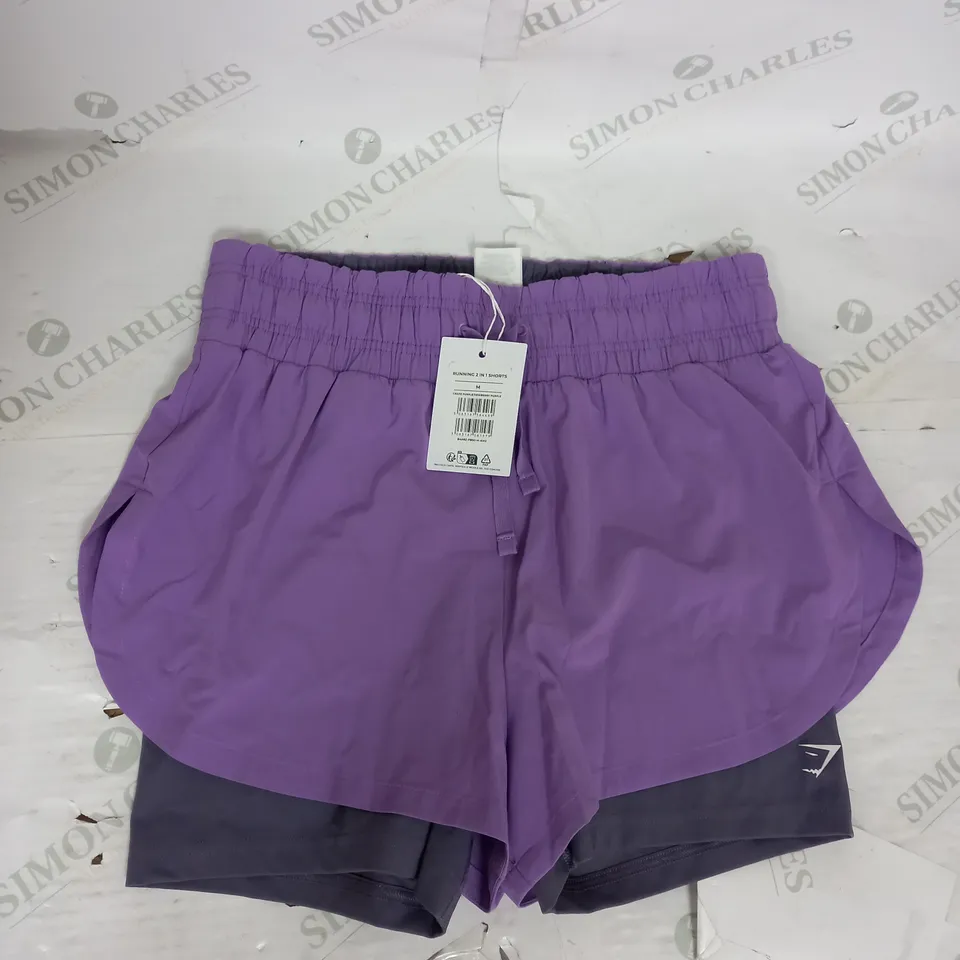 GYMSHARK RUNNING 2 IN 1 SHORTS IN GRAPE PURPLE SIZE M