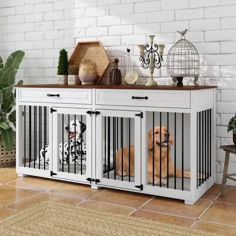 BOXED LARGE DOG CRATE FURNITURE, HEAVY DUTY DOGS CAGE WITH DOUBLE DOORS, DIVIDER, 2 DRAWERS, WOODEN INDOOR DOG KENNEL SIDE TABLE, 164L X 60W X 80H CM, BROWN & WHITE