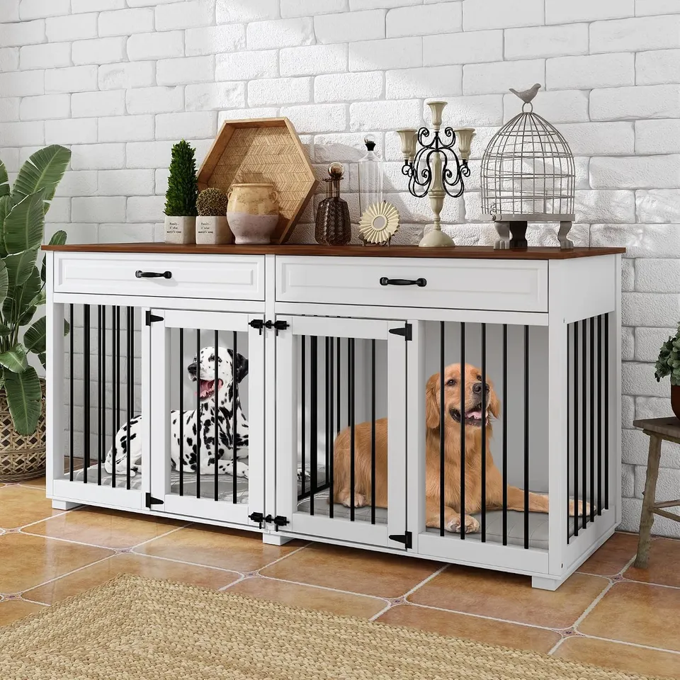 BOXED LARGE DOG CRATE FURNITURE, HEAVY DUTY DOGS CAGE WITH DOUBLE DOORS, DIVIDER, 2 DRAWERS, WOODEN INDOOR DOG KENNEL SIDE TABLE, 164L X 60W X 80H CM, BROWN & WHITE