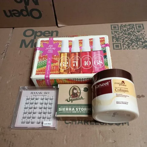 TOTE OF APPROXIMATELY 20 ASSORTED COSMETIC ITEMS TO INCLUDE SOL DE JANEIRO SET, MACA POWER COLLAGEN FOR DRY HAIR, DR SQUATCH SOAP, PRESS ON EYELASHES ETC