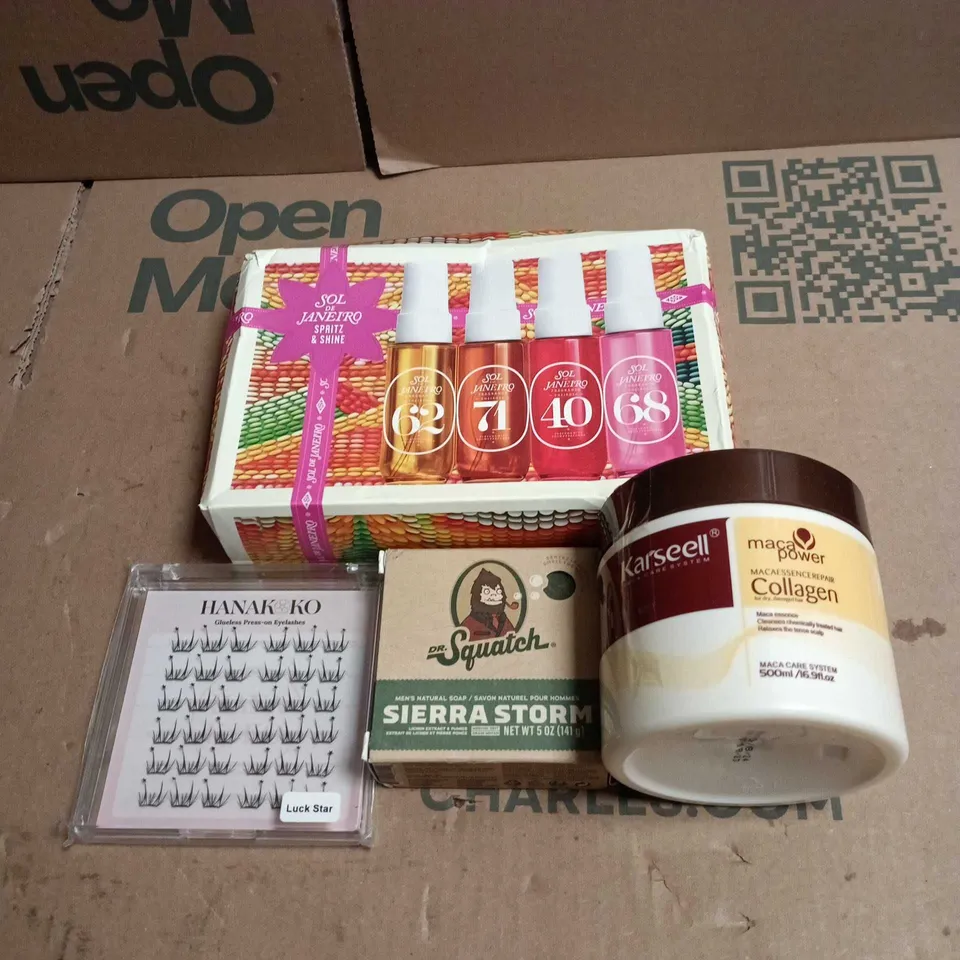 TOTE OF APPROXIMATELY 20 ASSORTED COSMETIC ITEMS TO INCLUDE SOL DE JANEIRO SET, MACA POWER COLLAGEN FOR DRY HAIR, DR SQUATCH SOAP, PRESS ON EYELASHES ETC