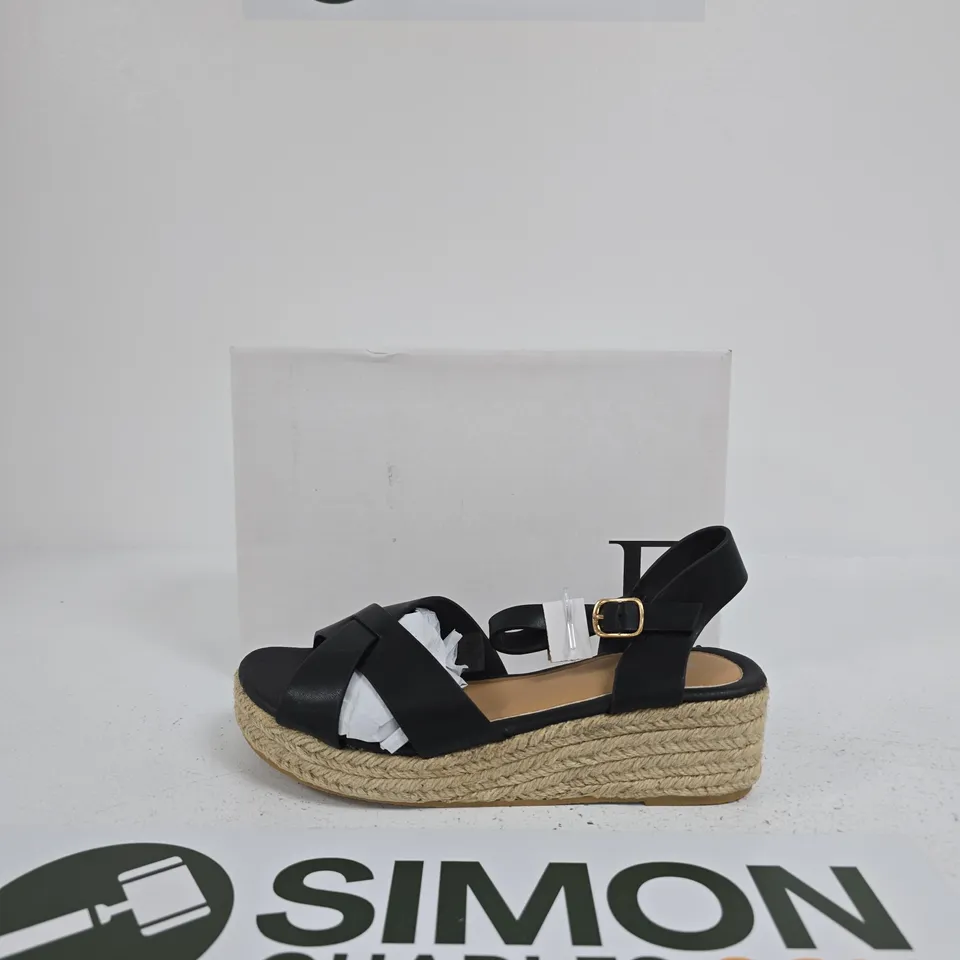WOMEN'S BLACK ESPADRILLE WEDGE SANDALS – CROSS-STRAPS & ANKLE BUCKLE SIZE 6