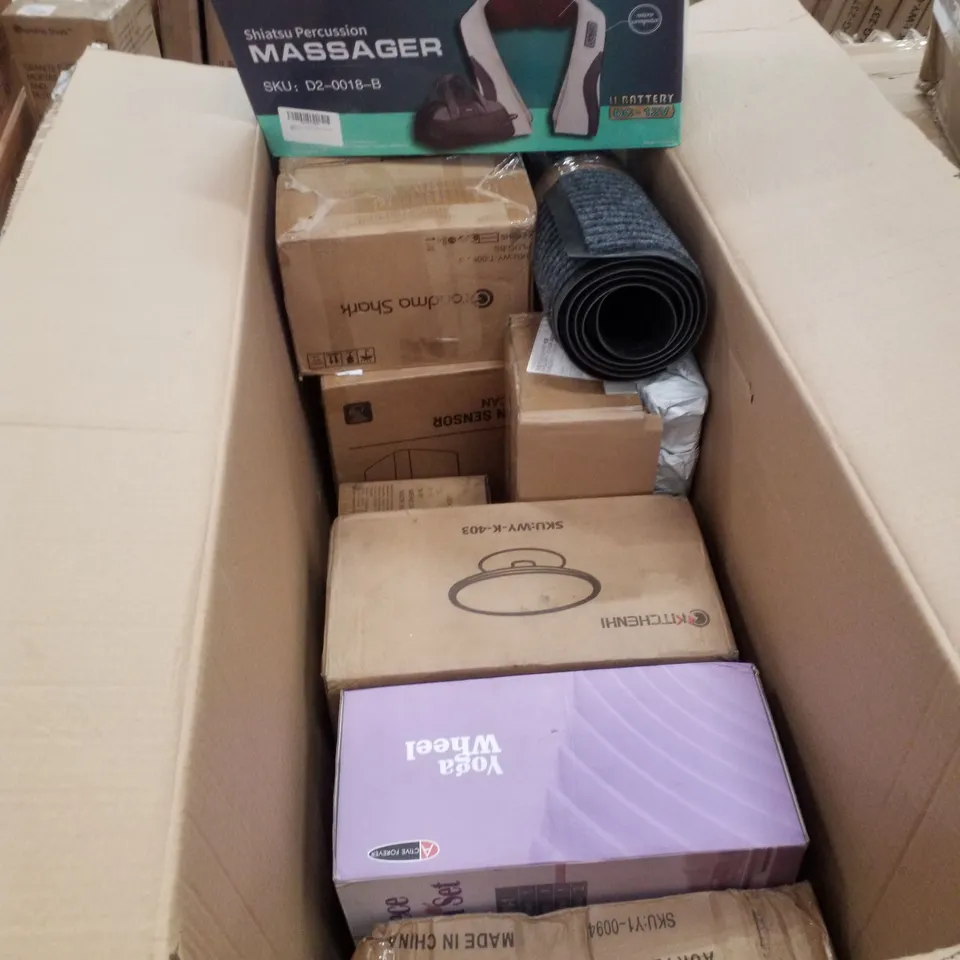 BOXED CONTAINING ASSORTED PRODUCTS INCLUDING YOGA WHEEL, SHIATSU PERCUSSION MASSAGER, ACRYLIC SIGN HOLDER & DOOR MAT