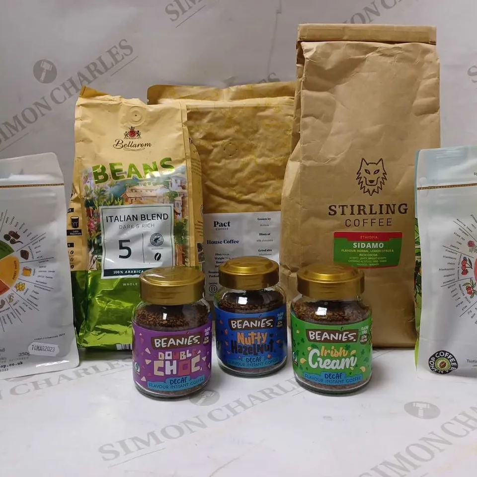LOT OF APPROX 10 ASSORTED DRINK ITEMS TO INCLUDE BEANIES DOUBLE CHOC DECAF INSTANT COFFEE, PACT COFFEE HOUSE COFFEE, BELLARON BEANS COFFEE, ETC 
