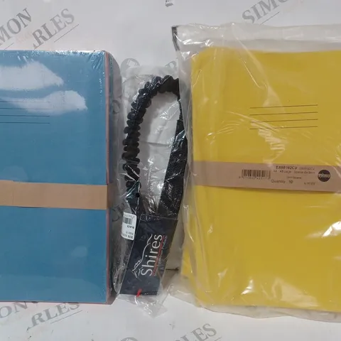 BOX OF APPROXIMATELY 10 ASSORTED HOUSEHOLD ITEMS TO INCLUDE EXERCISE BOOKS IN BLUE, EXERCISE BOOKS IN YELLOW, SHIRES BUNGEE BREAKAWAY TRAILER TIE, ETC