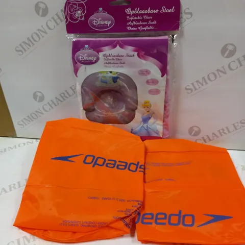7 ASSORTED INFLATABLE PRODUCTS TO INCLUDE; DISNEY INFLATABLE CHAIR AND SPEEDO ARMBANDS