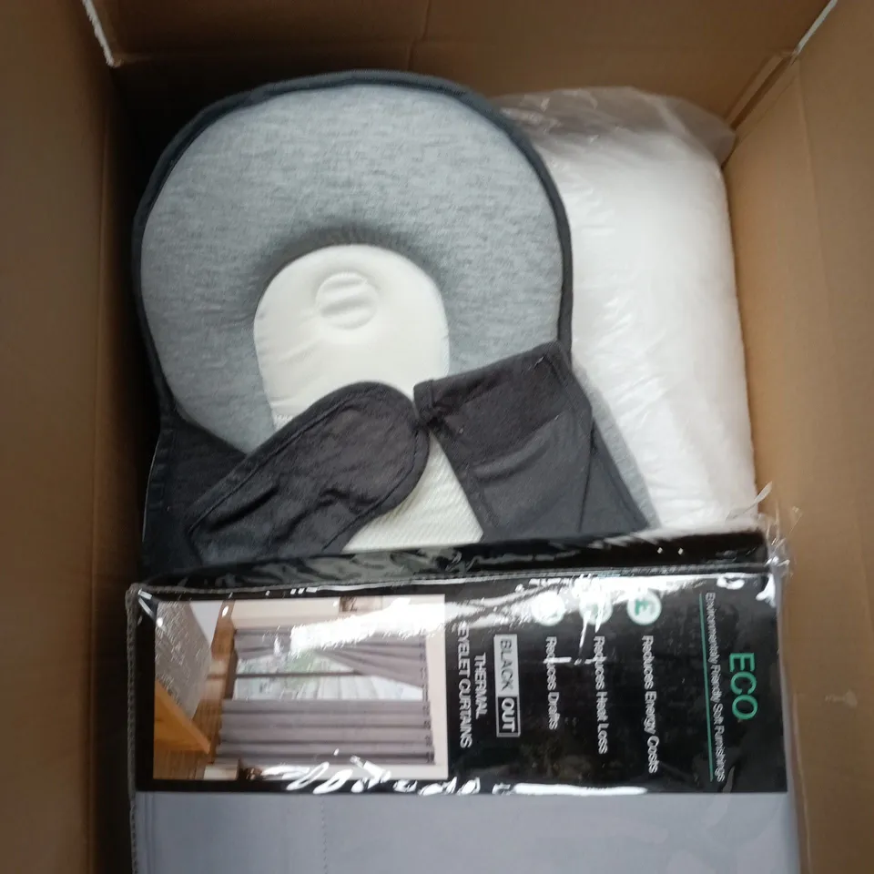 BOX OF APPROXIMATELY 5 ASSORTED ITEMS INCLUDING ECO BLACK OUT THERMAL EYELET CURTAINS,MEGA GROWTH HAIR PRODUCTS AND PINK WOMEN'S DRESS