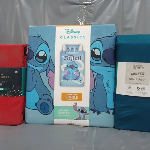 BOX OF APPROXIMATELY 10 ASSORTED BEDDING ITEMS TO INCLUDE DISNEY STITCH DUVET SET, FITTED SHEETS, ETC - COLOURS AND SIZES MAY VARY - COLLECTION ONLY