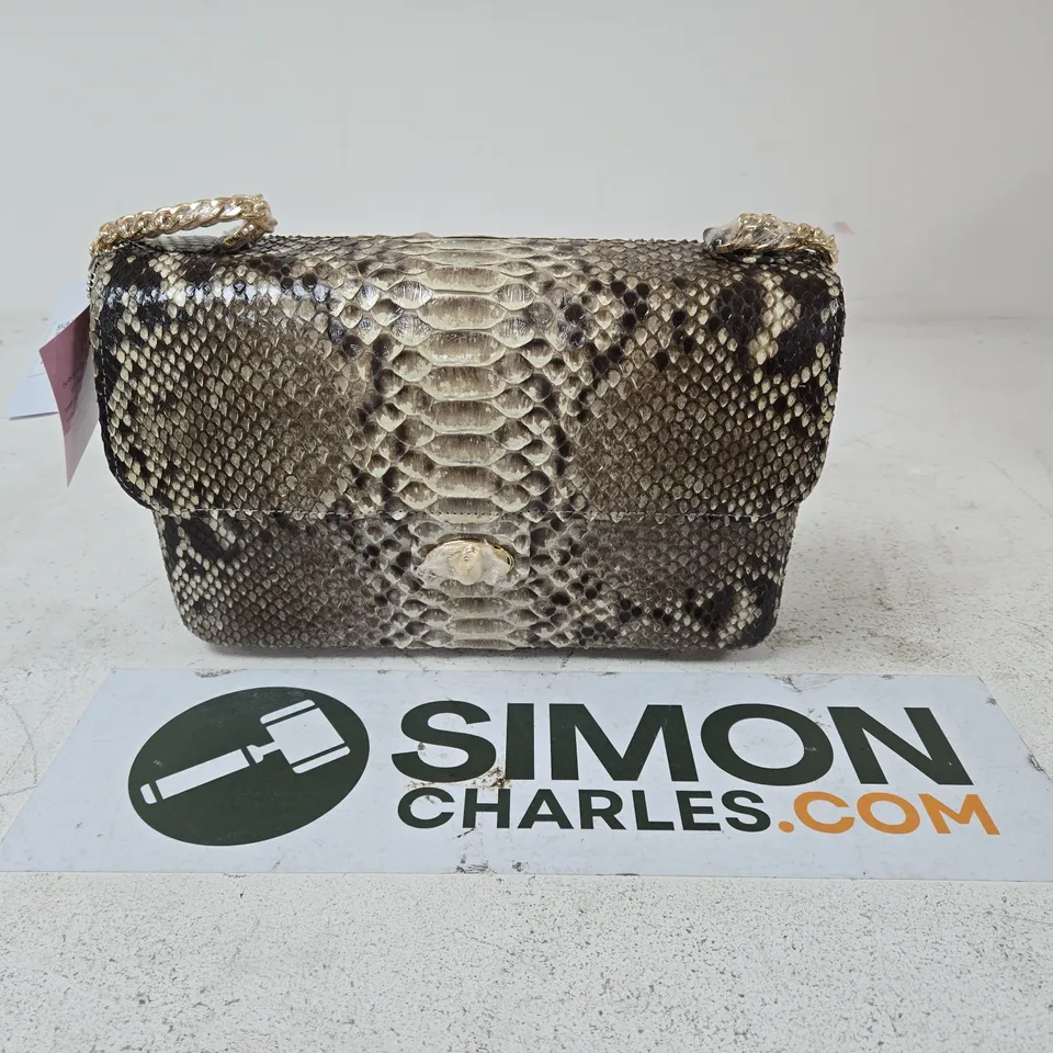 BOXED LA MAREY SNAKE PRINT CLUTCH BAG WITH GOLD CHAIN STRAP