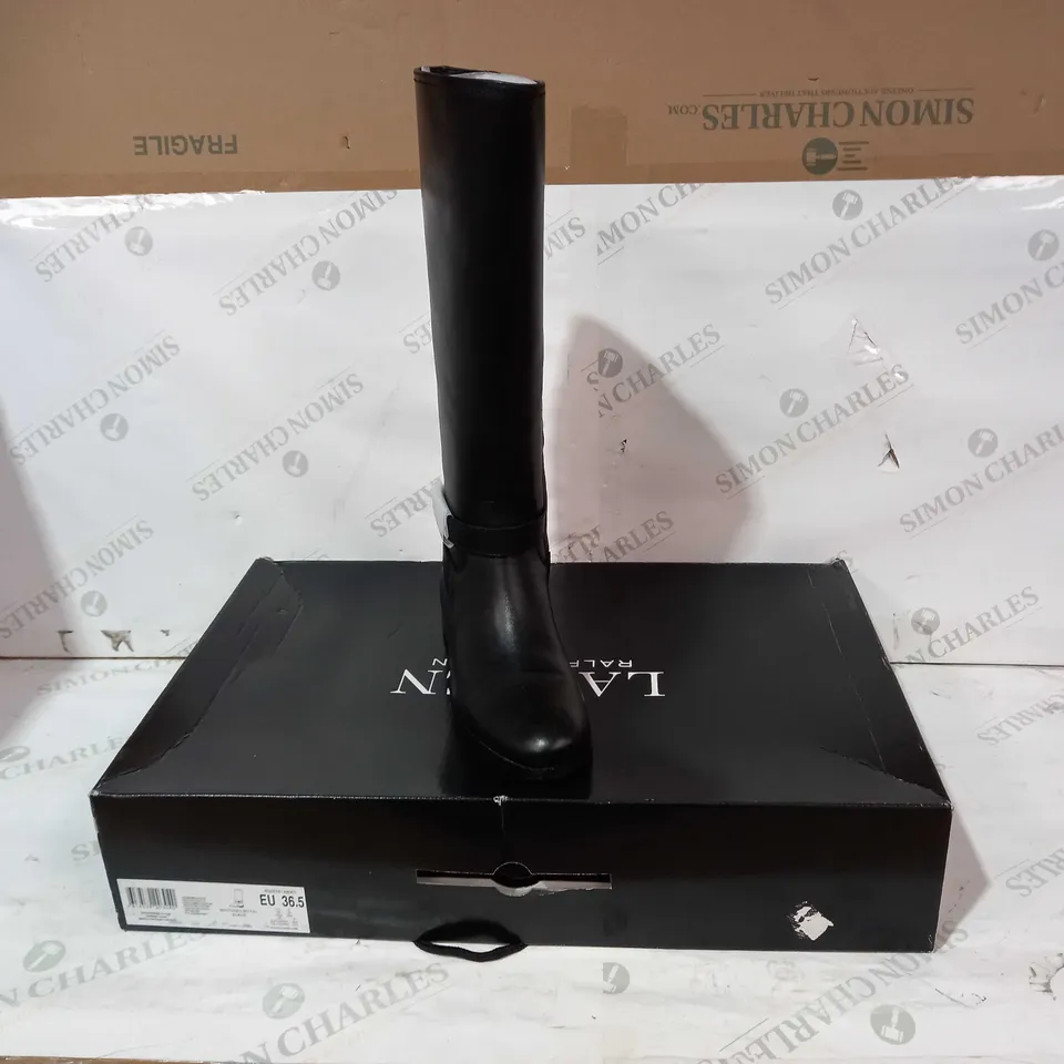 BOXED PAIR OF RALPH LAUREN BRITTANEY HIGH TOP LEATHER BOOTS IN BLACK UK SIZE 4