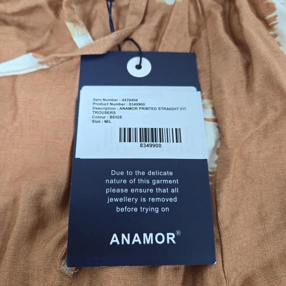 ANAMOR PRINTED STRAIGHT-FIT TROUSERS – BEIGE, SIZE M/L