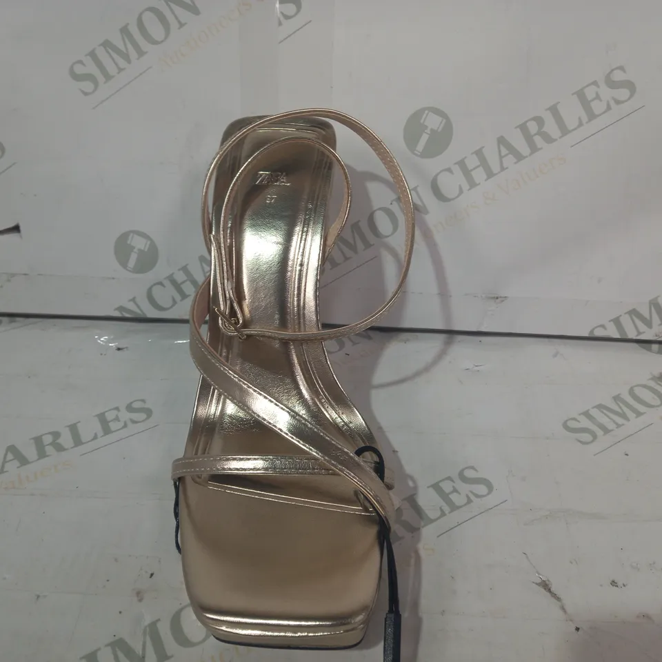 BOXED PAIR OF ZARA OPEN TOE STRAPPY HIGH HEELS IN METALLIC GOLD EU SIZE 37
