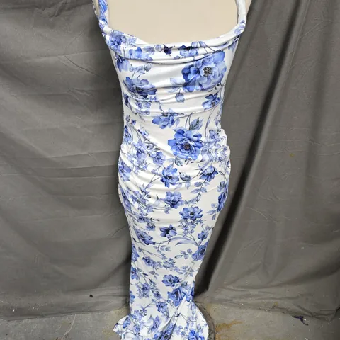 CLUB LONDON LITA TWISTED ASYMMETRIC MATERNITY MAXI DRESS IN BLUE FLORAL PRINT SIZE 12
