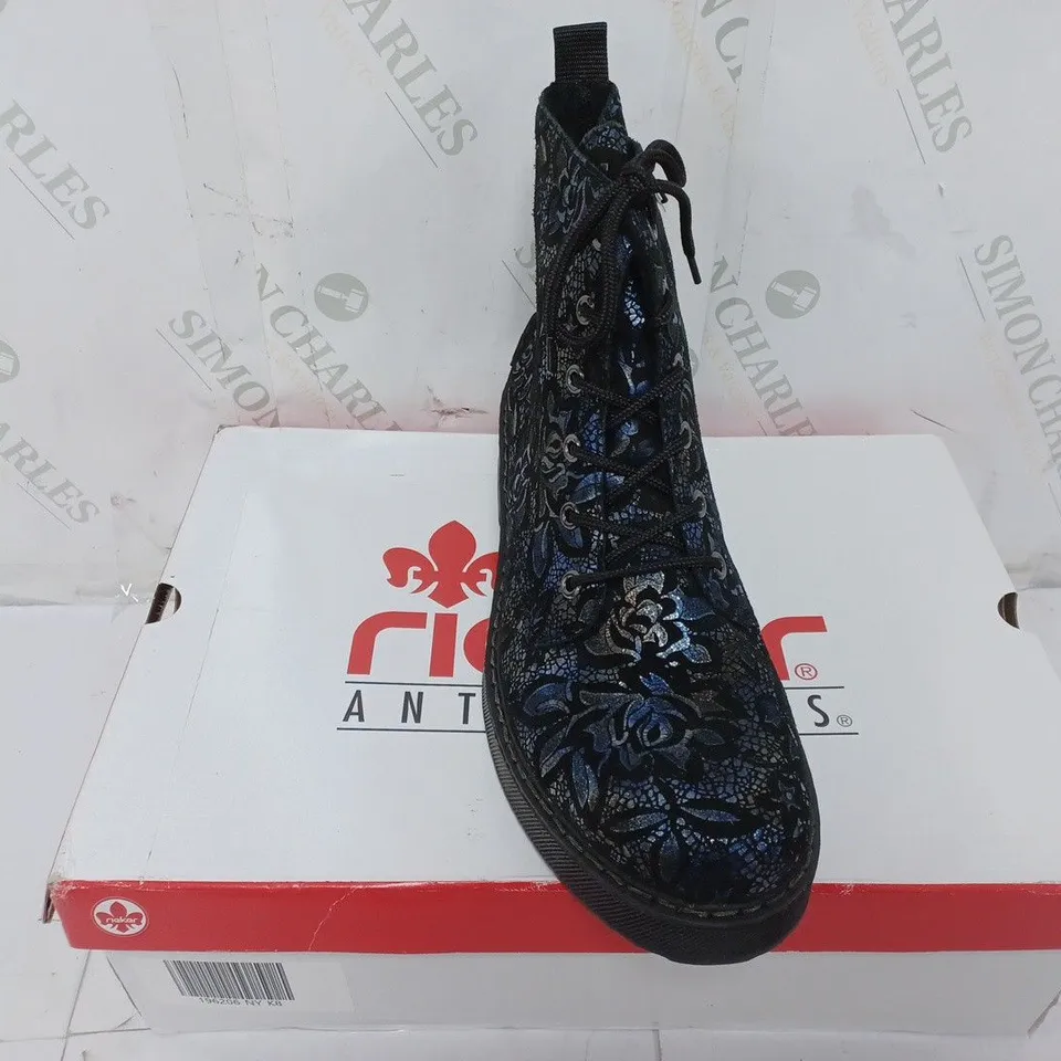 BOXED PAIR OF RIEKER LACE UP BOOTS IN NAVY SIZE 8 