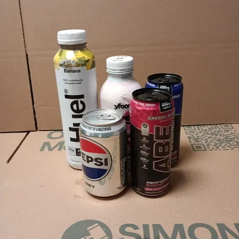 TOTE OF APPROXIMATELY 12 ASSORTED FOOD/DRINK ITEMS TO INCLUDE DIET PEPSI, ABE CHERRY SLUSHIE, ABE ENERGY FLAVOUR, YFOOD FRESH BERRY, HUEL BANANA ETC