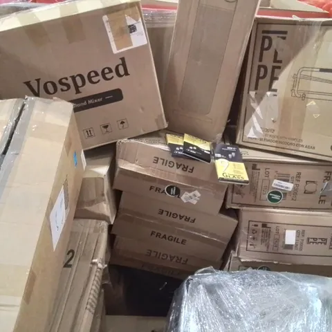 PALLET CONTAINING VARIOUS ASSORTED BOXED HOUSEHOLD ITEMS TO INCLUDE: PORTABLE CLOSETS, TOILET RISER HANDLES, SPACE HEATER, STAND MIXER, WRAPPED MATTRESS AND LOTS MORE UNMARKED BOXED ITEMS 