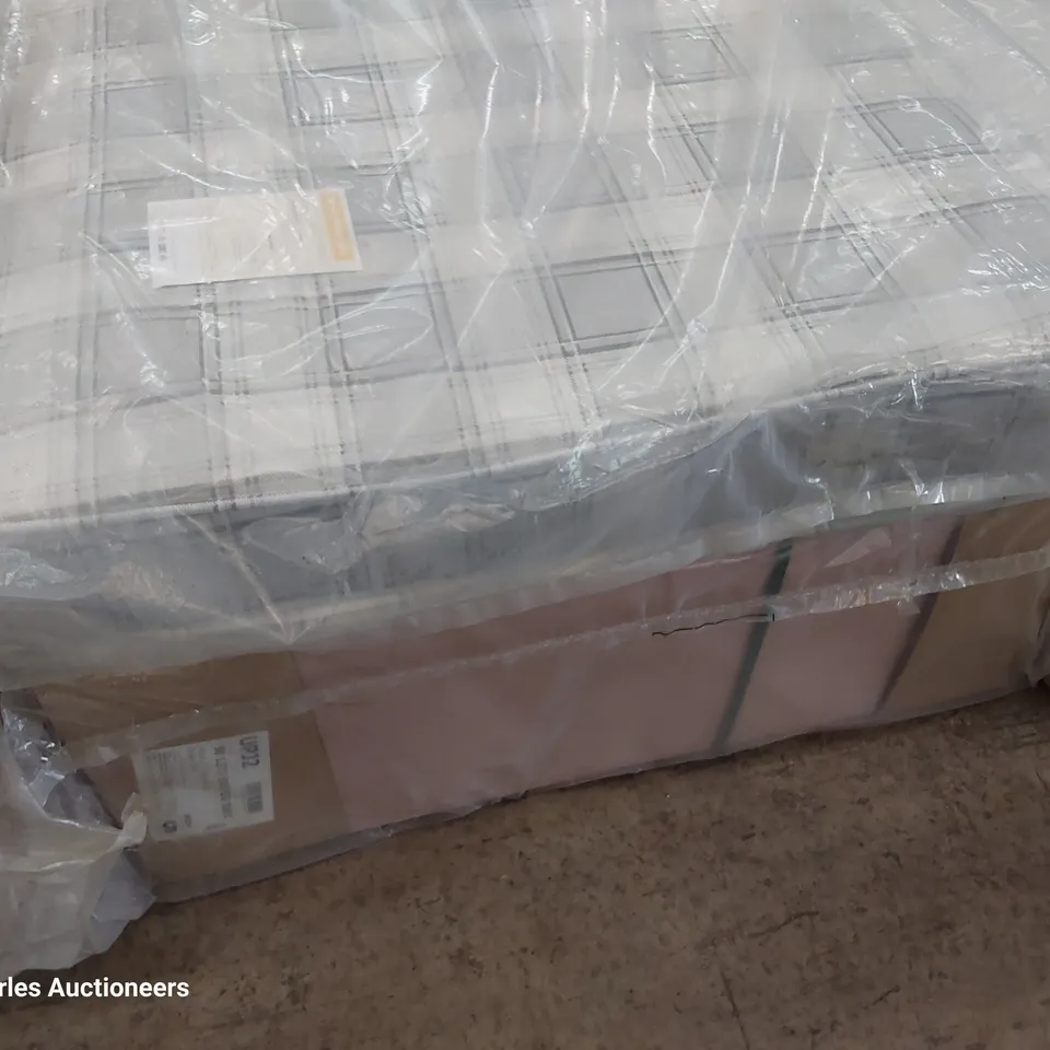 BAGGED 3' SINGLE DIVAN BED COMPRISING GREY CHEQUED MATTRESS & PINK FABRIC STORAGE BASE