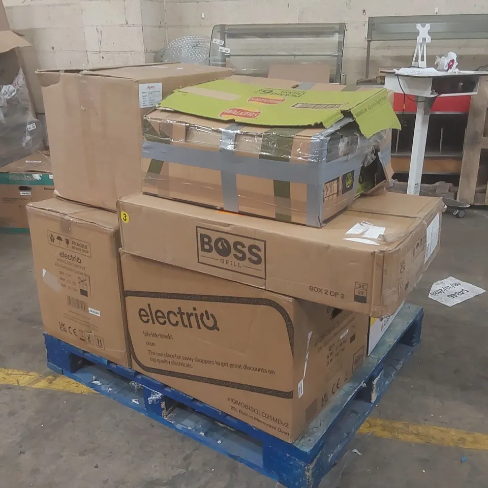 PALLET CONTAINING A LARGE QUANTITY OF ASSORTED ELECTRICAL PRODUCTS INCLUDING: RUSSELL HOBBS MICROWAVES, PORTABLE COOLER BOX, BUILT-IN MICROWAVE OVEN ECT