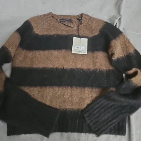 ALLSAINTS LOU JUMPER – BROWN & BLACK STRIPED KNIT, SIZE SMALL
