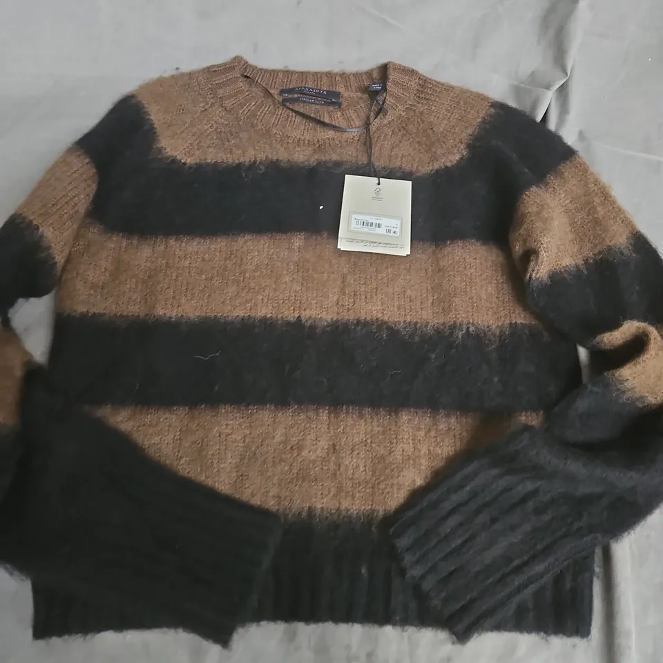 ALLSAINTS LOU JUMPER – BROWN & BLACK STRIPED KNIT, SIZE SMALL