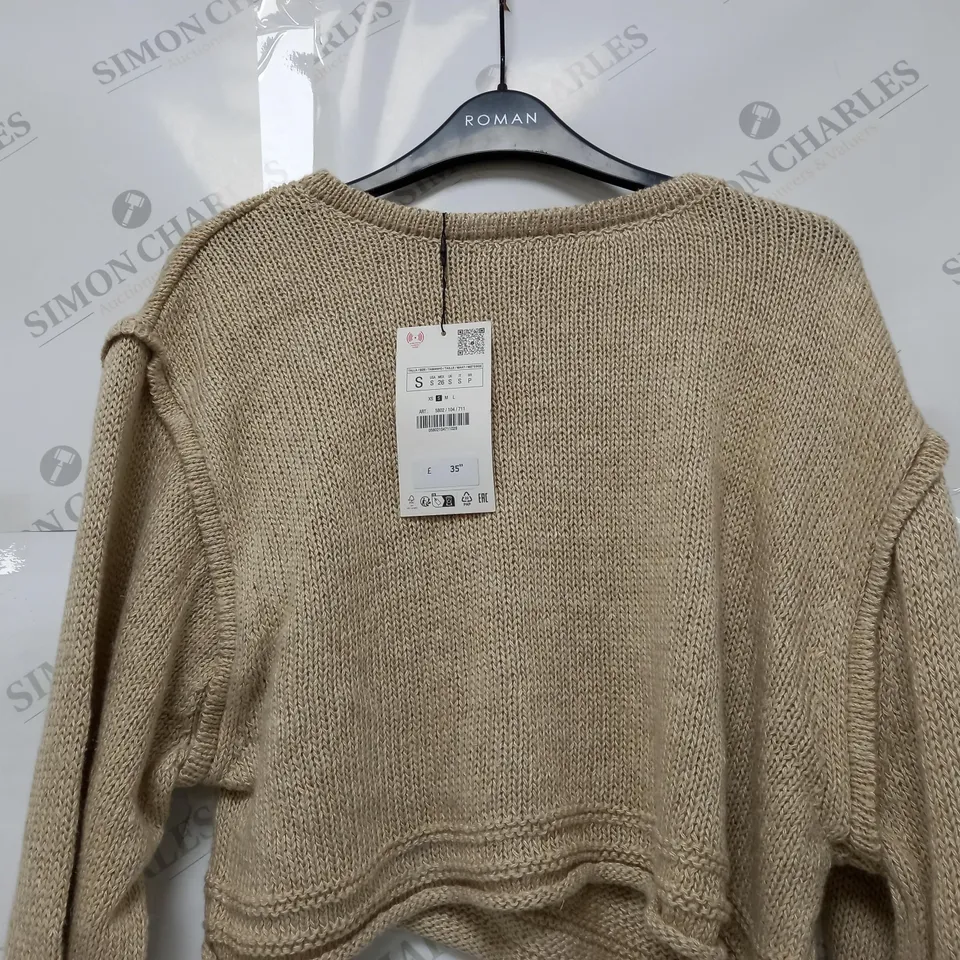 ZARA CROP KNIT EFFECT TOP IN BEIGE - SMALL