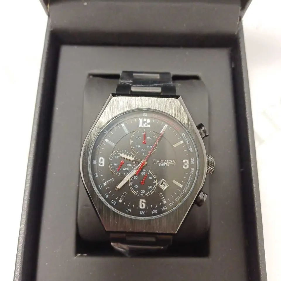GAMAGES ENTERPRISE BLACK TRIPLE DATE DIAL TACHYMETER BRACELET STRAP WRISTWATCH	