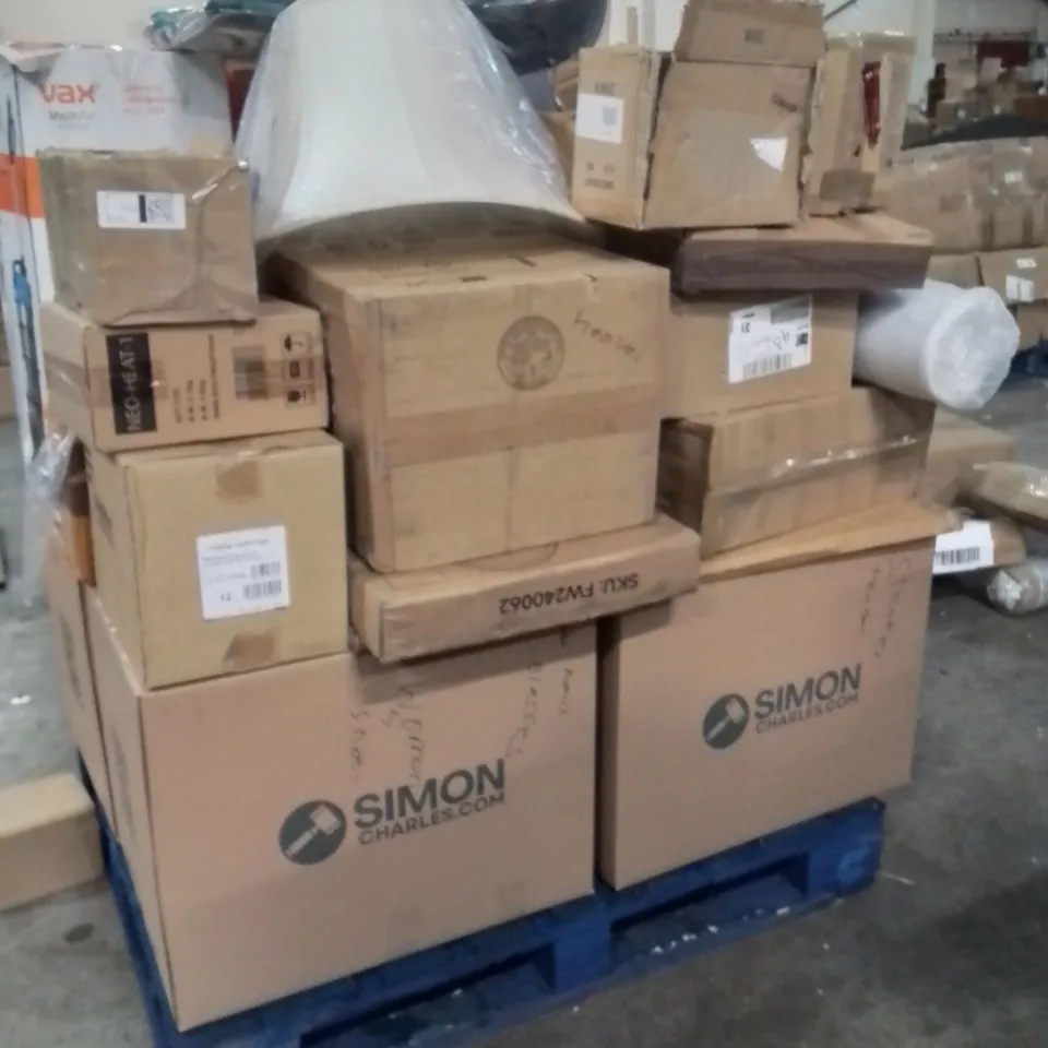 PALLET OF ASSORTED HOUSEHOLD GOODS AND PRODUCTS TO INCLUDE;VACUUM CLEANER,HEATER,MIRROR,WOMEN'S SHOES,STEAMER,DEHUMIDIFIER,HOOVER