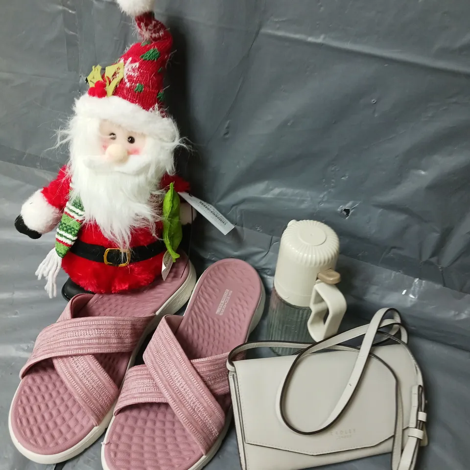 APPROXIMATELY 10 ASSORTED ITEMS TO INCLUDE SKECHERS SANDALS, SANTA ORNAMENT, RADLEY BAG, ETC