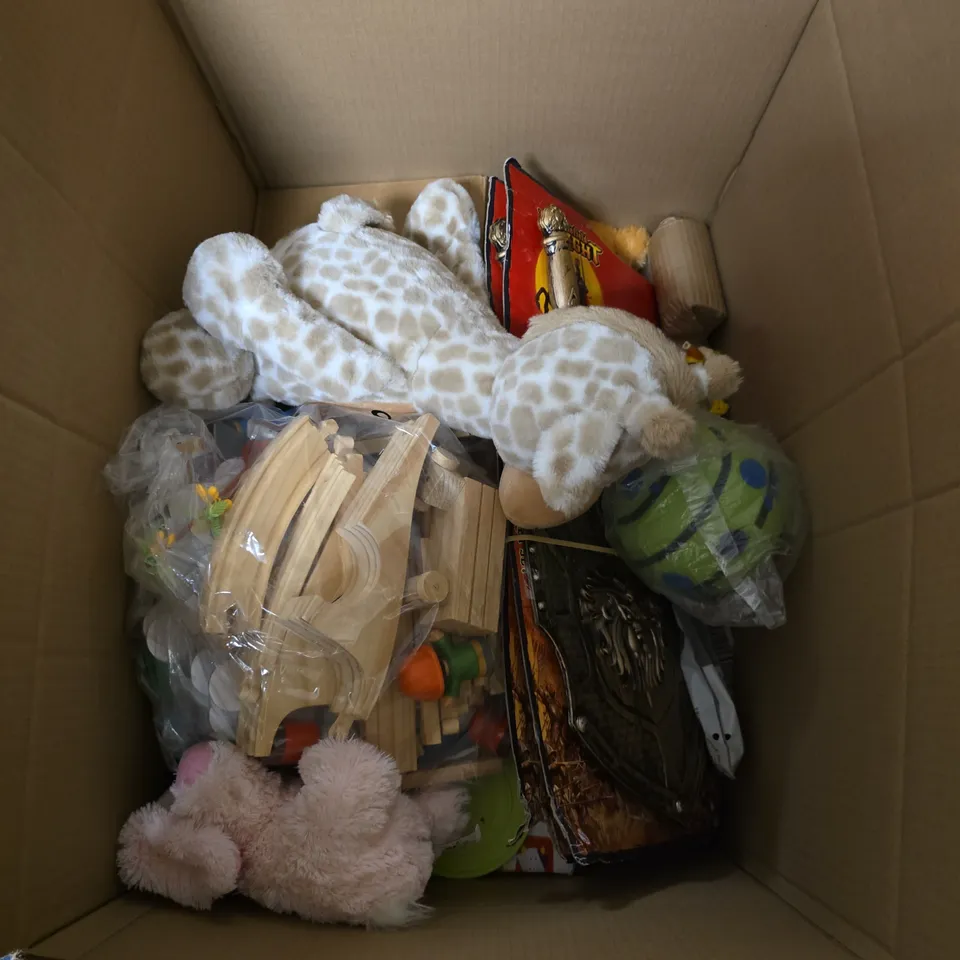 BOX OF APPROXIMATELY 15 ASSORTED TOYS AND GAMES INCLUDING FISHER PRICE MUSIC BOX RECORD PLAYER , DOG WOBBLER TOY AND BUBBLE GUN