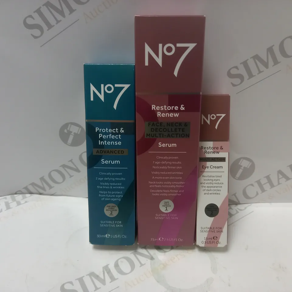 3 BOXED N07 PRODUCTS TO INCLUDE RESTORE & RENEW SERUM (75ml), RESTORE & RENEW EYE CREAM (15ml), PROTECT & PERFECT INTENSE SERUM (30ml)
