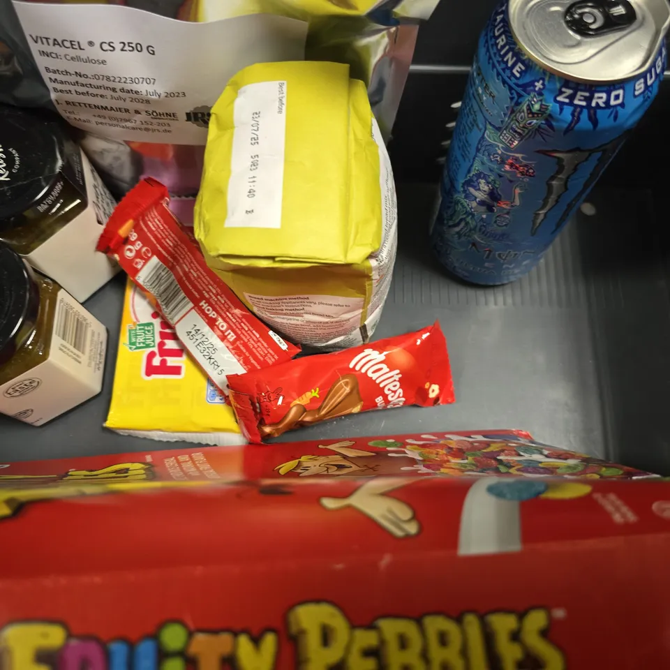 APPROXIMATELY 12 ASSORTED FOOD & DRINK ITEMS TO INCLUDE - TOBLERONE , MONSTER ULTRA , GOLD INSTANT COFFEE AMAZON ETC