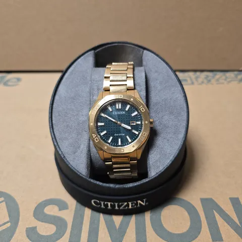 CITIZEN ECO-DRIVE WATCH – GOLD TONE STAINLESS STEEL BRACELET, BLUE DIAL