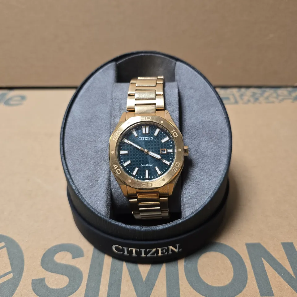 CITIZEN ECO-DRIVE WATCH – GOLD TONE STAINLESS STEEL BRACELET, BLUE DIAL