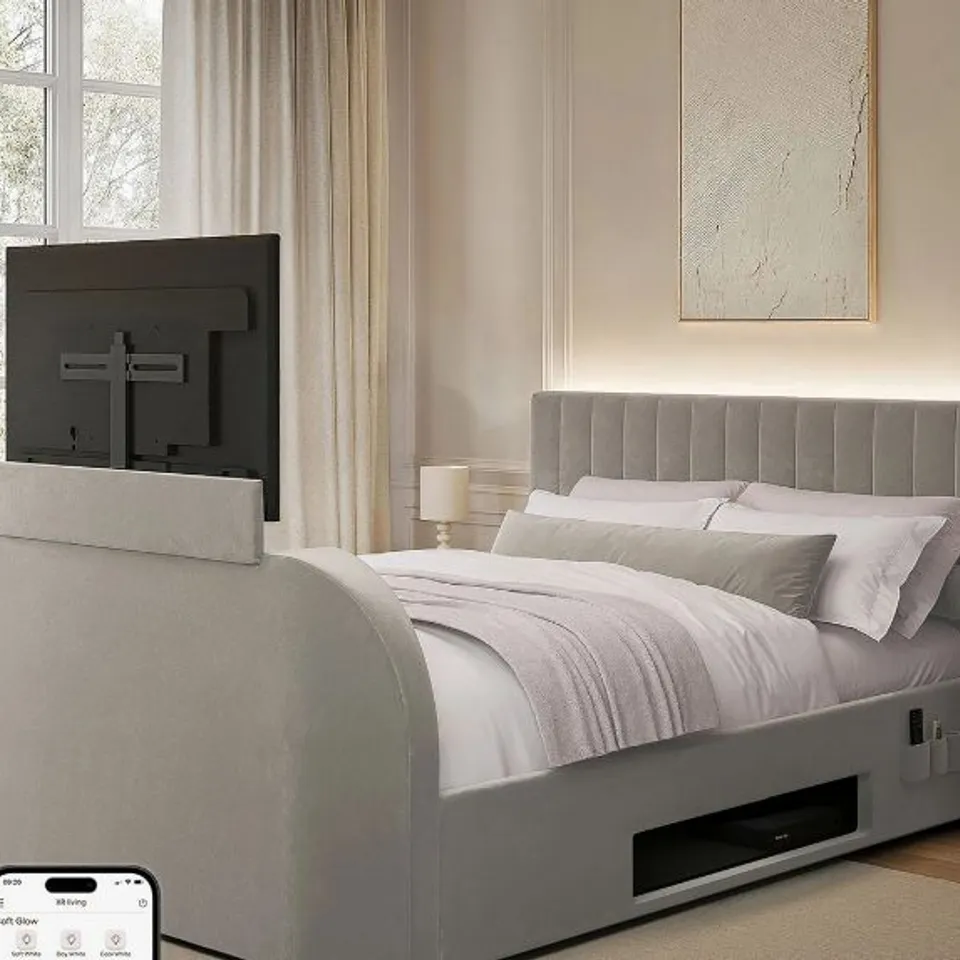 BOXED XR LIVING MAISIE 5.1 TRUE SURROUND SOUND BED WITH ELECTRIC TV LIFT AND APP CONTROLLED LED LIGHTS - GREY // SIZE: DOUBLE (4 BOXES) RRP £1199