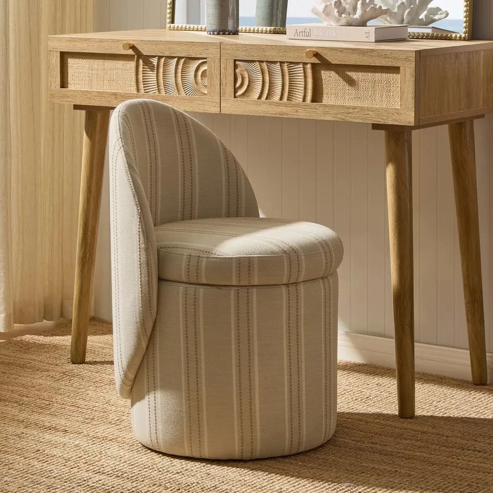 BOXED DUSK PRIMROSE DRESSING TABLE STORAGE STOOL - NATURAL STITCHED STRIPE (1 BOX)