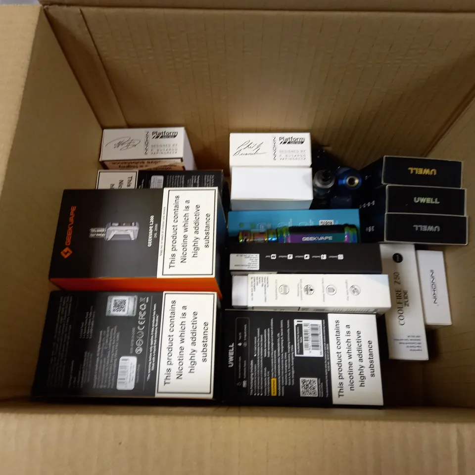 BOX OF APPROXMATELY 30 E-CIGARETTES AND LIQUIDS TO INCLUDE GEEKVAPE L200, CALIBURN A2 POD SYSTEM, VAPORESSO GEN AIR 40, ETC