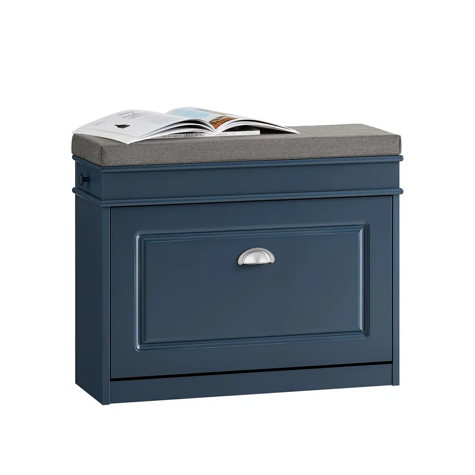 BOXED SOBUY FSR82-L-B BLUE HALLWAY SHOE BENCH WITH FLIP DRAWER & PADDED SEAT – SLIM STORAGE UNIT W75 X D24 X H52CM