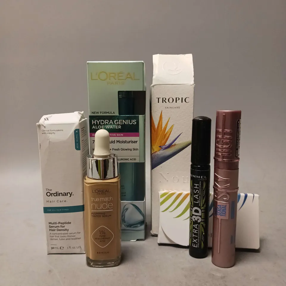 7 ASSORTED HEALTH AND BEAUTY ITEMS TO INCLUDE TROPIC SKIN FEAST NOURISHING MOISTERISER (50ML), THE ORDINARY MULTI-PEPTIDE SERUM FOR HAIR DENSITY (30ML), L'OREAL HYDRA GENIUS ALOE WATER 72HR MOISTERISE