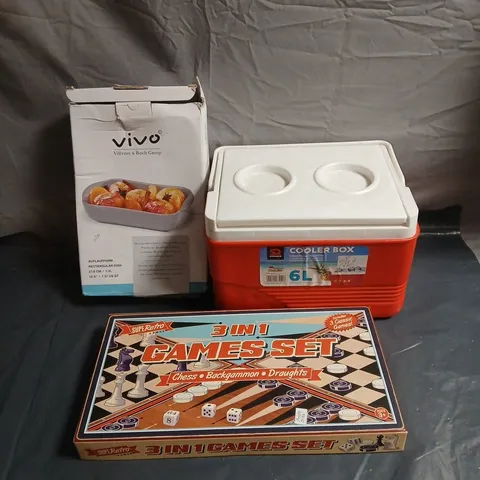 BOX OF APPROXIMATELY 12 ASSORTED HOUSEHOLD ITEMS TO INCLUDE 6L COOLER BOX, 3 IN 1 GAMES SET, VIVO DISH ETC