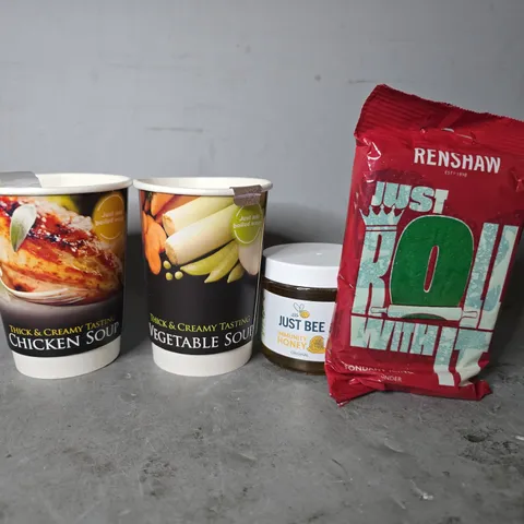 APPROXIMATELY 15 ASSORTED FOOD ITEMS TO INCLUDE - RENSHAW ICING , CHICKEN SOUP IN A CUP , JUST BEE HONEY ETC