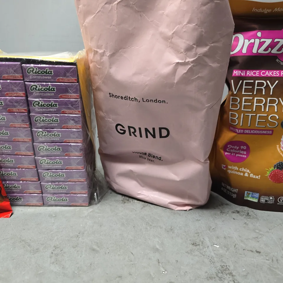 APPROXIMATELY 14 ASSORTED FOOD ITEMS TO INCLUDE - MALTESERS BUNNY , DRIZZILICIOUS , GRIND HOUSE BLEND WHOLE BEAN ETC