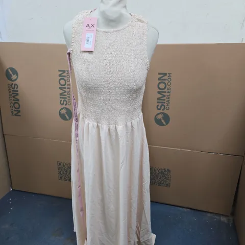 AX PARIS SLEEVELESS SMOCKED BODICE MAXI DRESS, STONE, UK 12