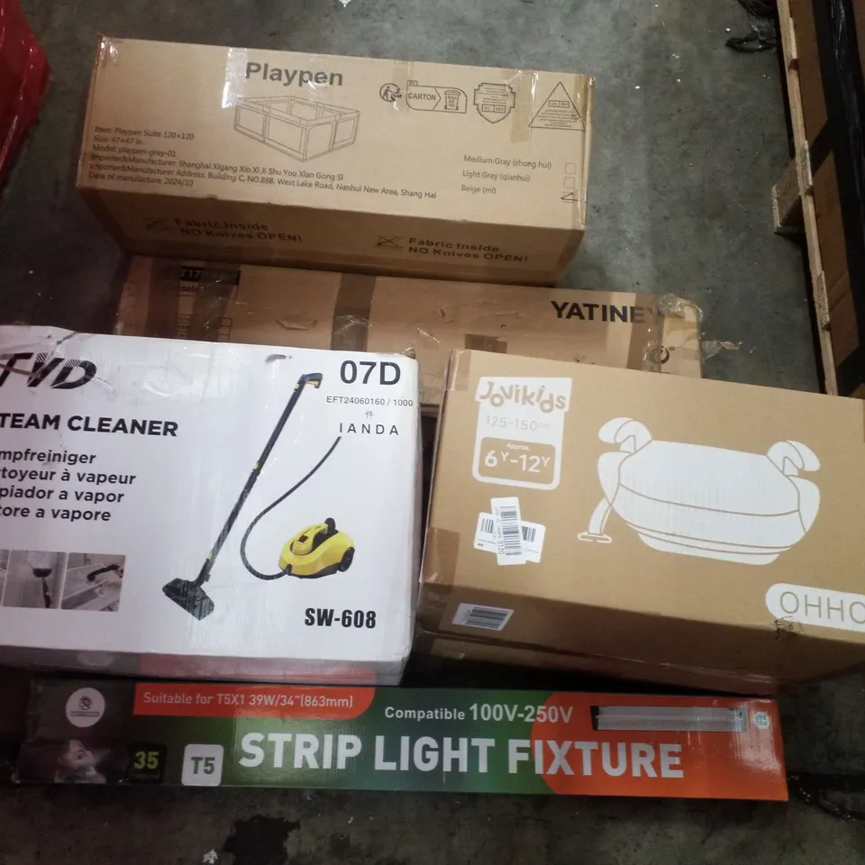PALLET CONTAINING ASSORTED PRODUCTS INCLUDING PLAYPEN, STEAM CLEANER, KIDS BOOSTER SEAT, CONSOLE TABLE & STRIP LIGHT FIXTURE