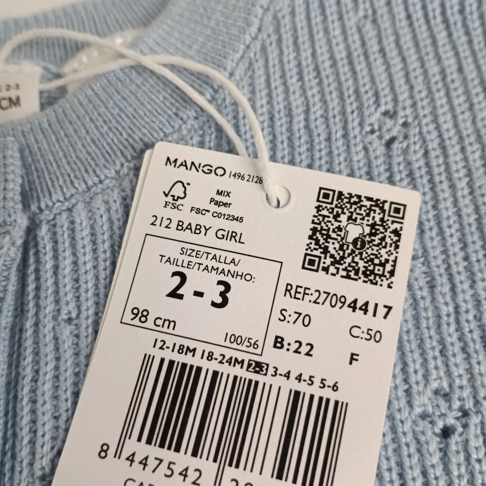 MANGO BABY CARDIGAN – LIGHT BLUE KNIT, SIZE 2–3 YEARS (98 CM)