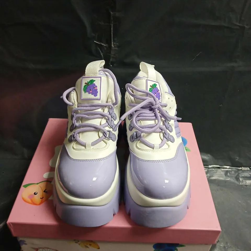 BOXED PAIR OF KOI GRAPE JELLY TRAINERS PLATFORM SNEAKERS – UK SIZE 4 