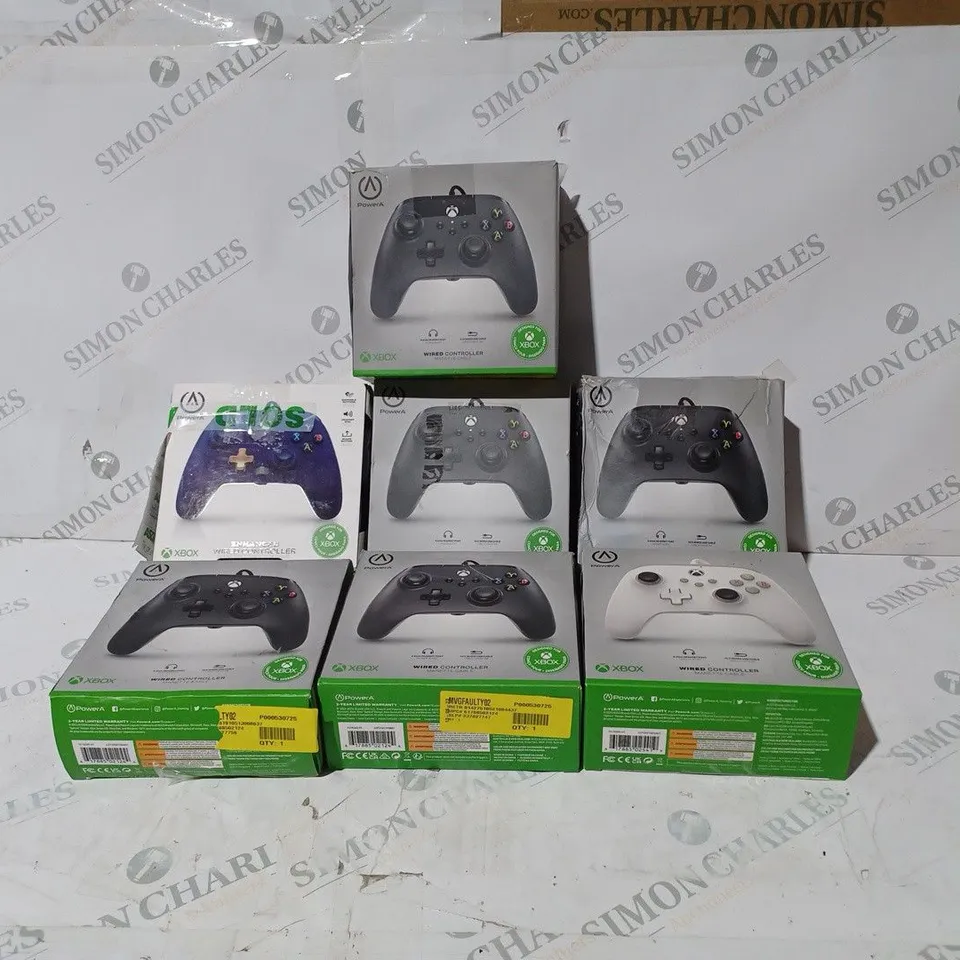 BOX OF 7 ASSORTED BOXED POWER A XBOX ONE WIRED CONTROLLERS IN VARIOUS COLOURS