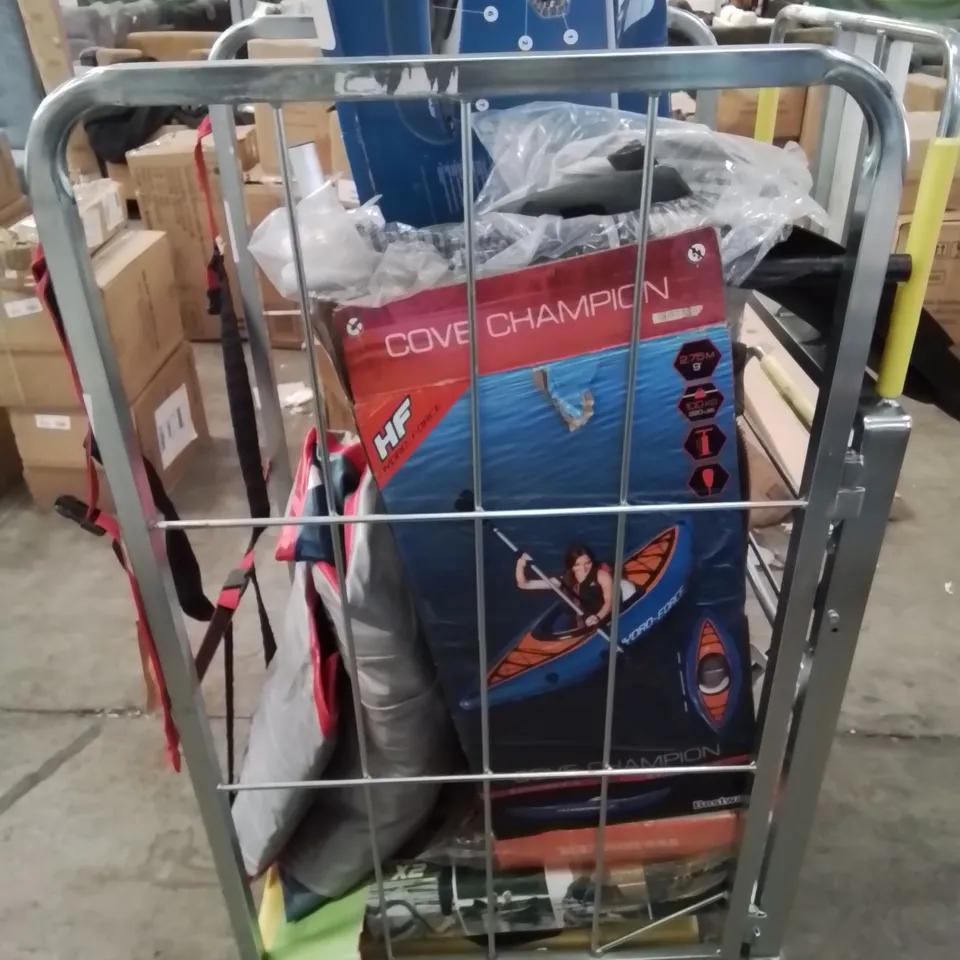 CAGE OF UNTESTED ASSORTED INFLATABLE KAYAKS AND ACCESSORIES 