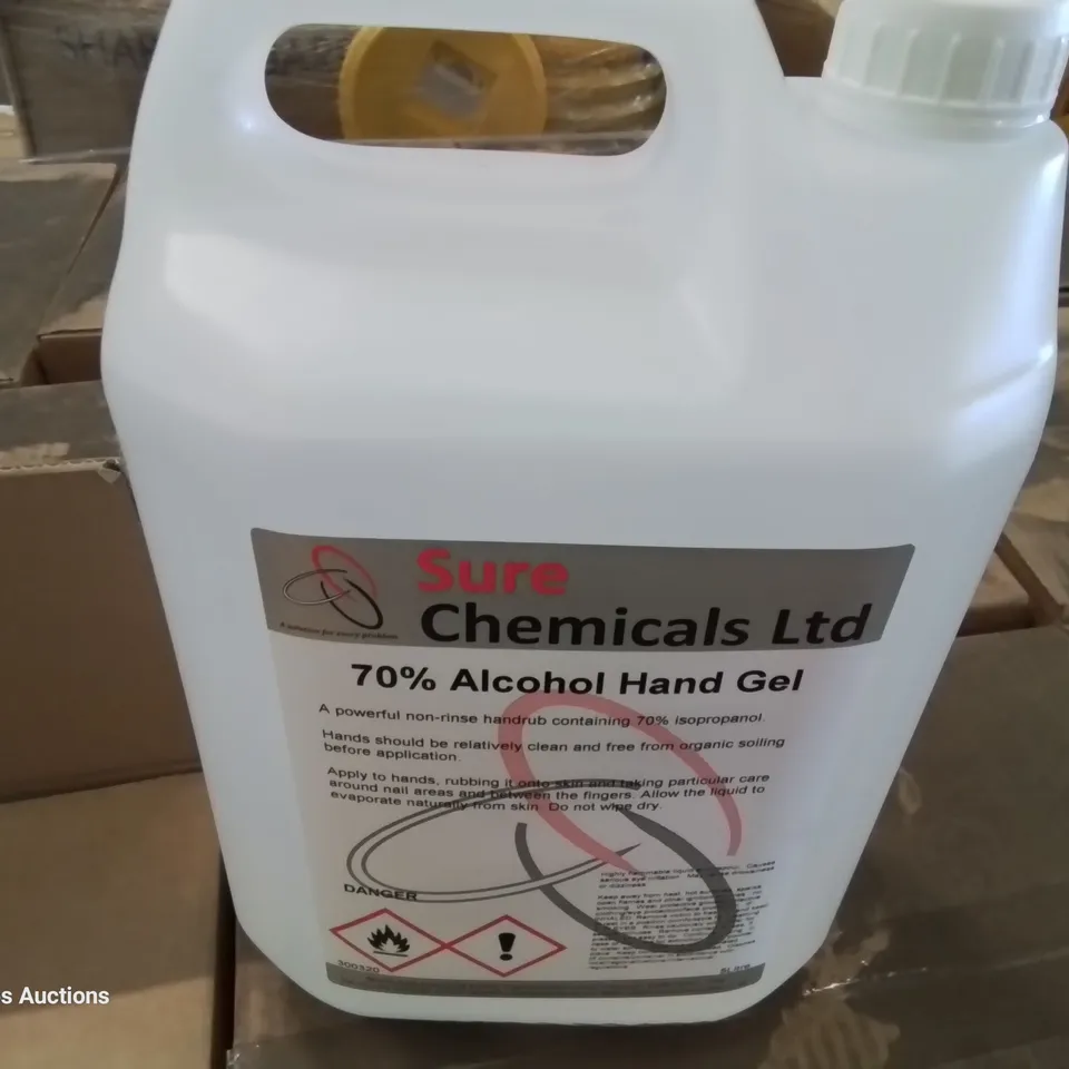 PALLET OF 19 CASES EACH CONTAINING 4 × 5LITRES SURE 70% ALCOHOL HAND GEL